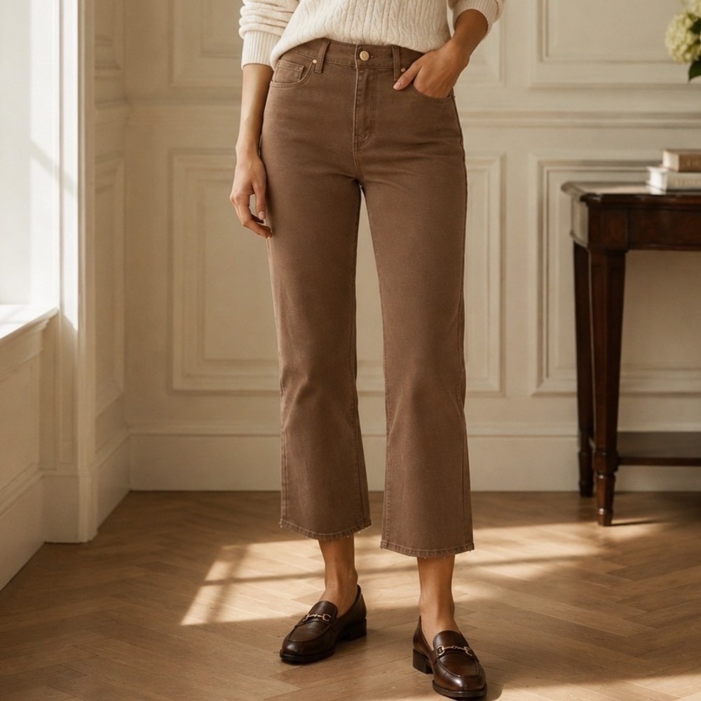 L'AGENCE Kendra High Rise Coated Cropped Flare Pants Cappuccino Brown‎ Size 27